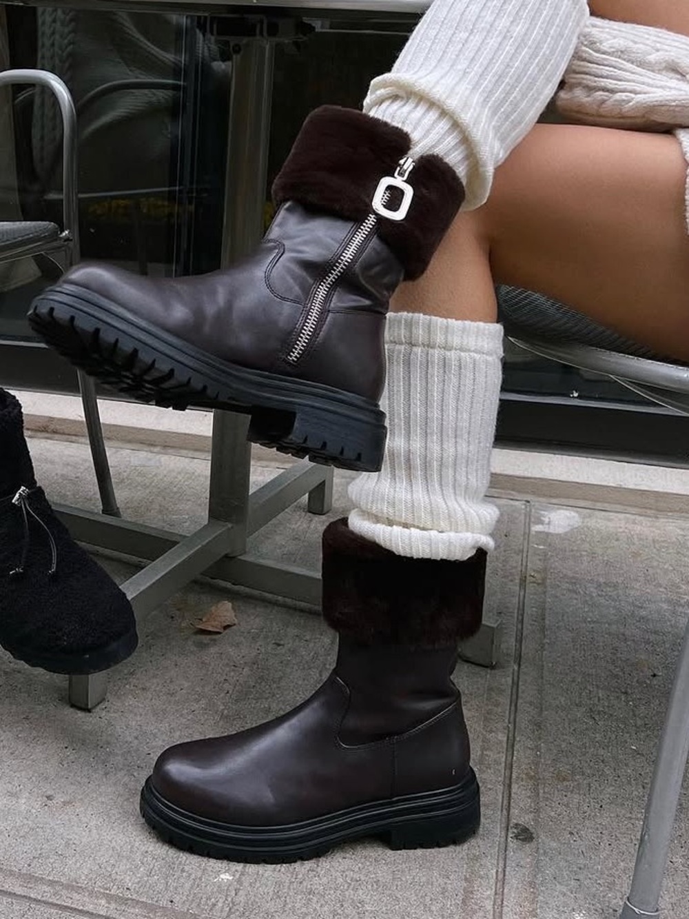 We Wore What Chocolate Brown Faux Fur Vegan Leather Lug Sole Boots Size 41